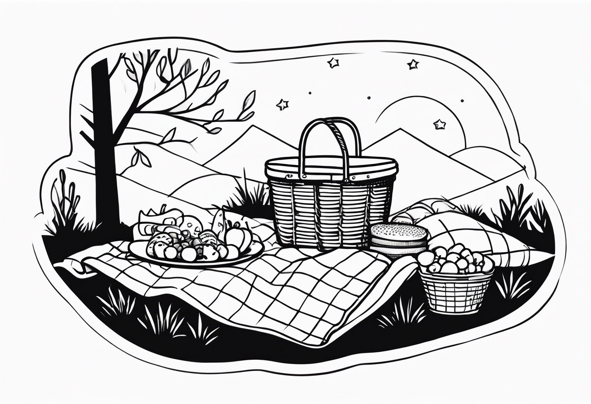 Very light and minimalstic picnic scene in nature. A blanket, picnic-basket with lid, pillows and party tennants. Thin lines. tattoo idea