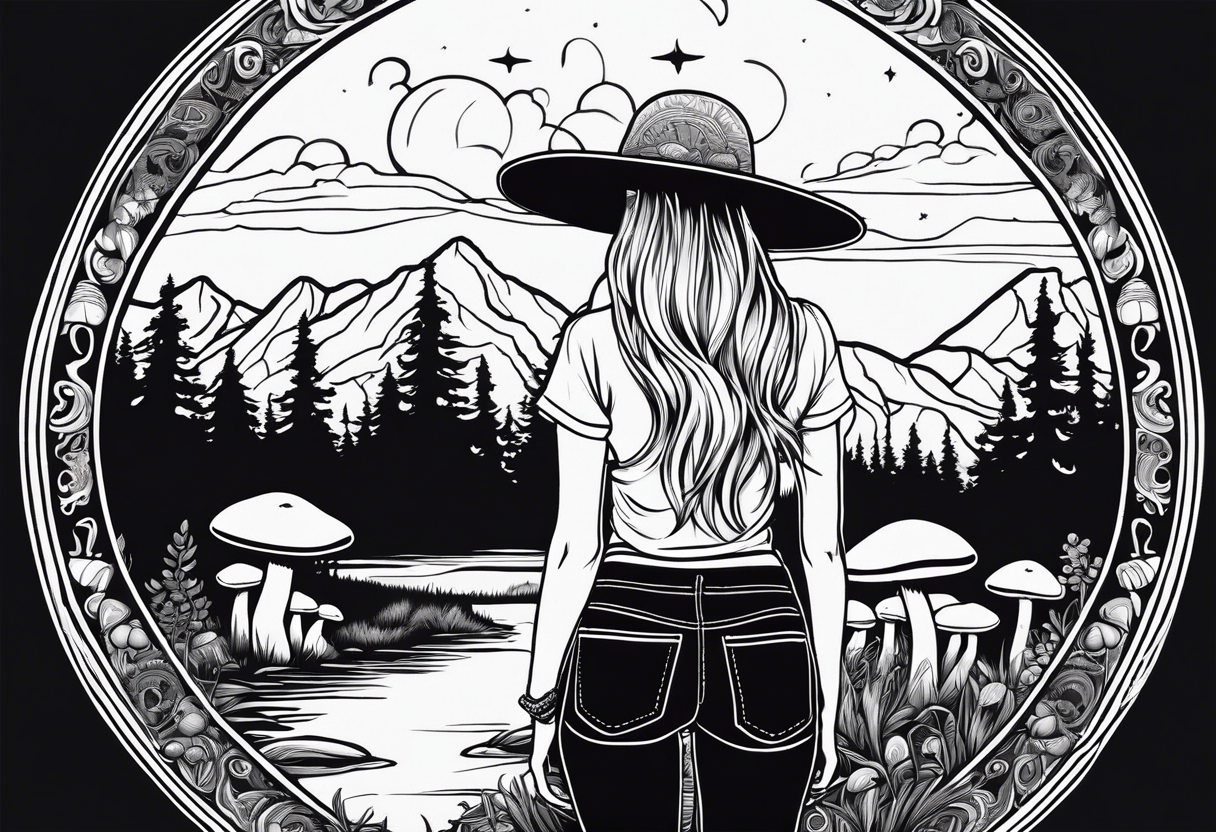 Straight long blonde hair hippie girl in distance holding mushrooms in hand facing away toward mountains and creek surrounded by mushrooms tee shirt and hiking pants

Entire tattoo within a circle tattoo idea