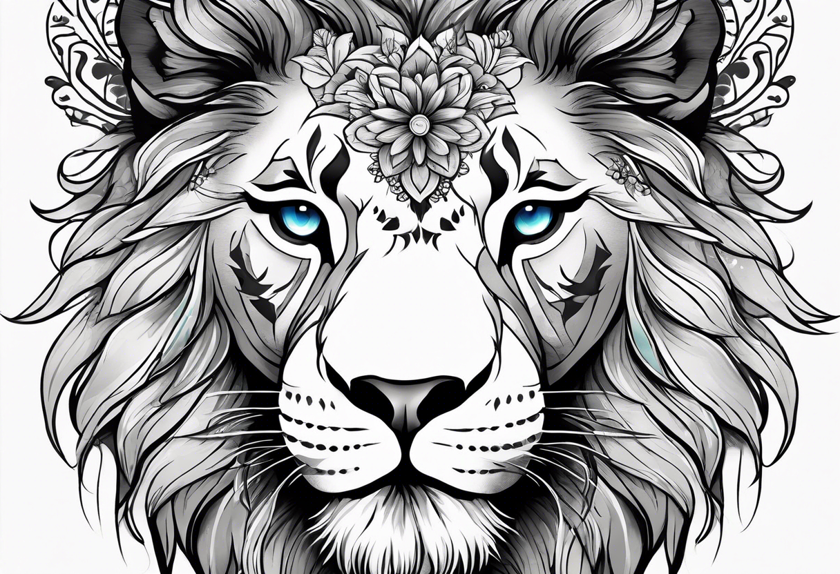 Lion face half delicate half lion one eye blue one eye green a flowers and butterflies on delicate side tattoo idea