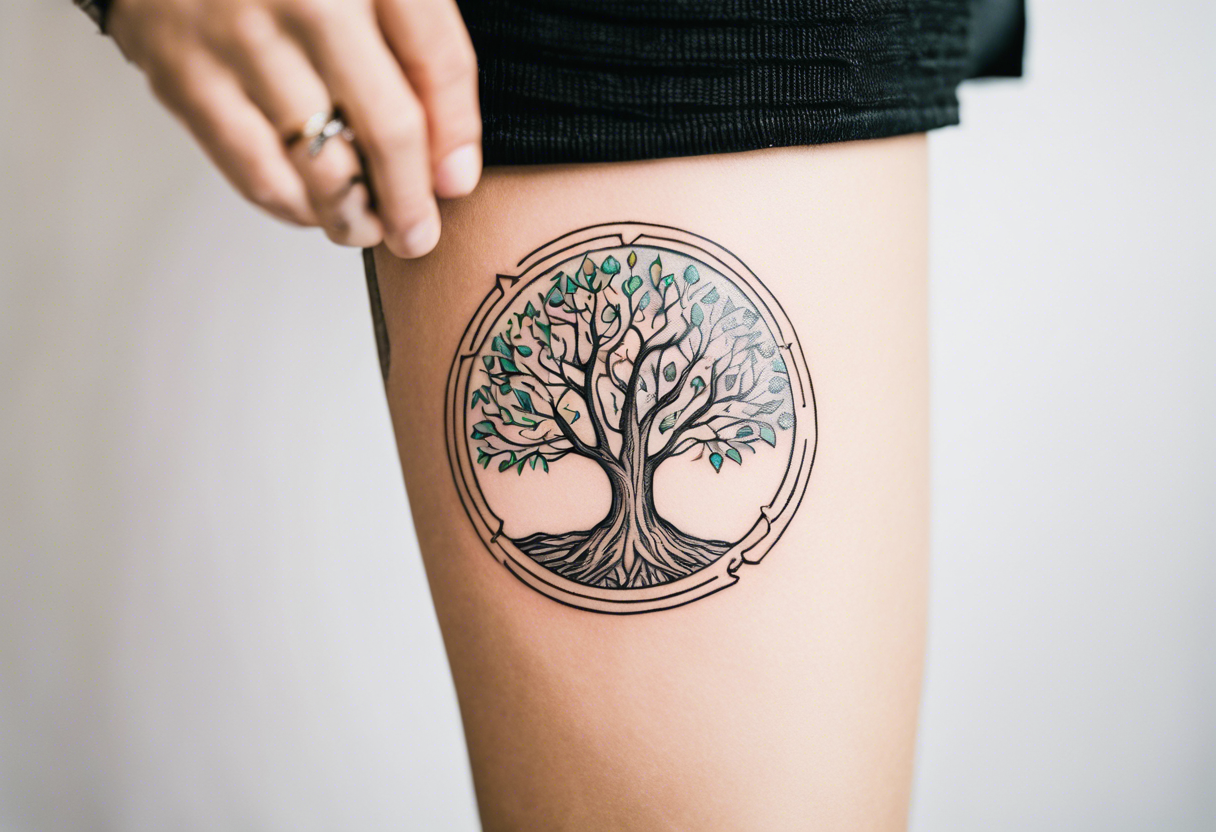 Circle of text on the hand of: don't waste tour time looking back youre not going that way. With a tree of life tattoo idea