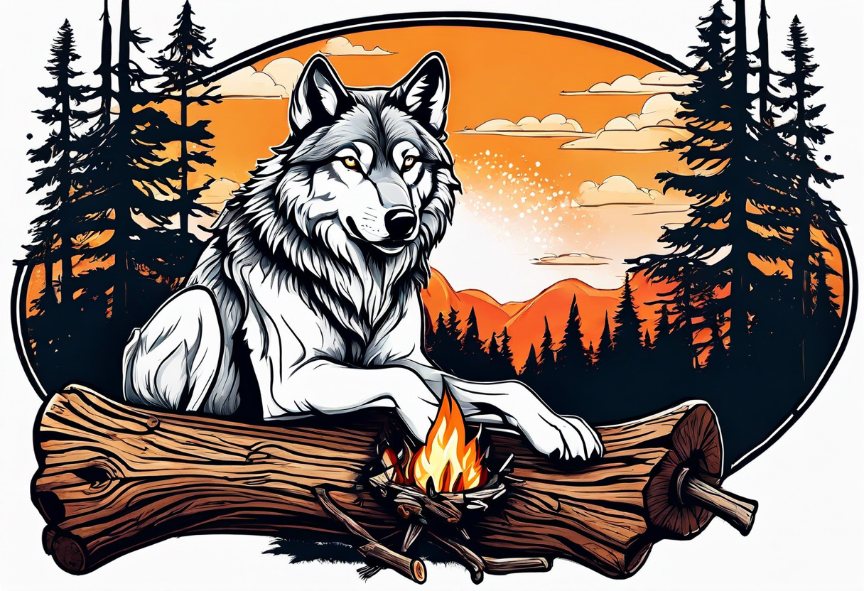 wolf at camp sitting on the log holding stick with marshmallows roasting over the campfire in the Forest tattoo idea