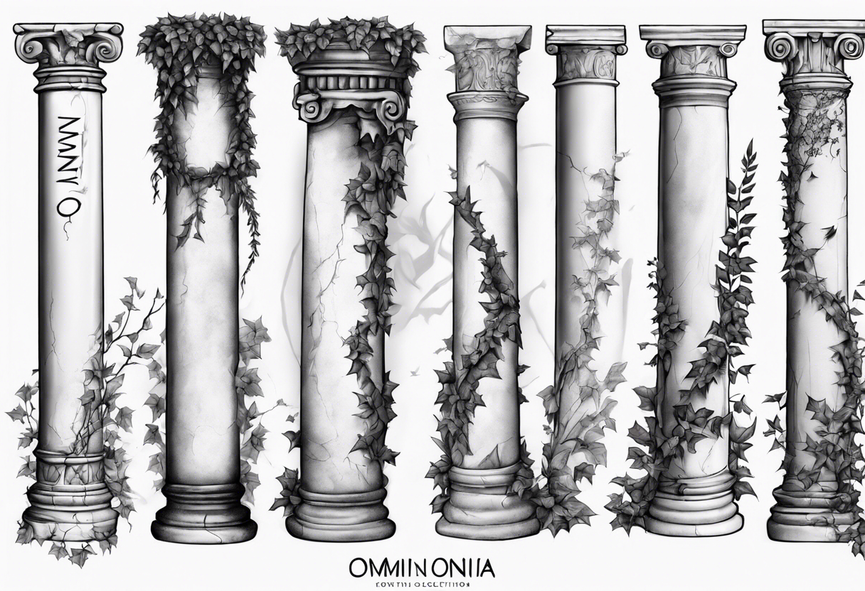 Half of a roman pillar in the Ionian style with the word "OMNIA" inscribed on the top. It has cracks in the middle and overgrown ivy at the bottom. It is turned 20 degrees to the right. tattoo idea