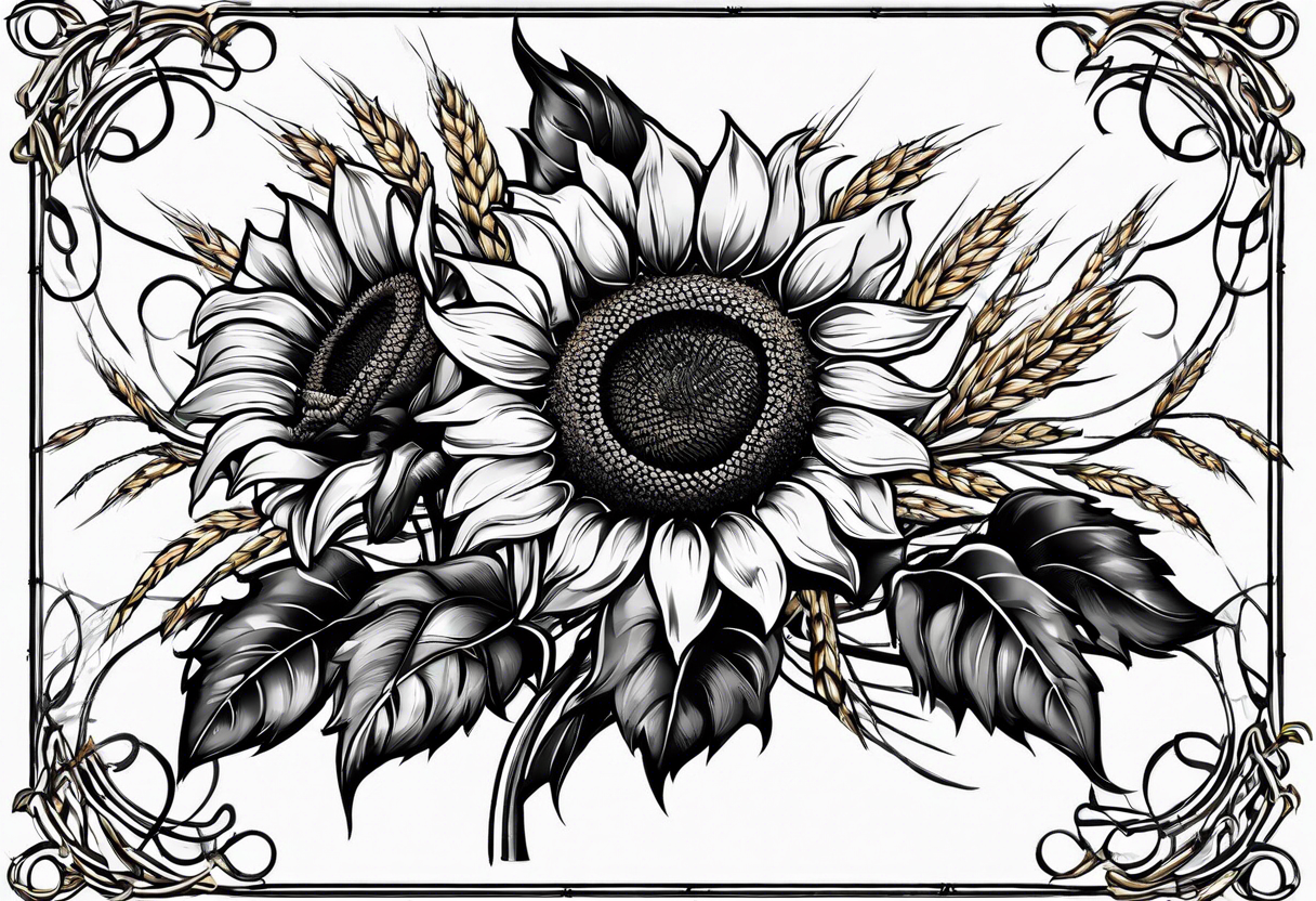 Sunflower, wheat, horseshoe, and barbed wire half sleeve tattoo idea