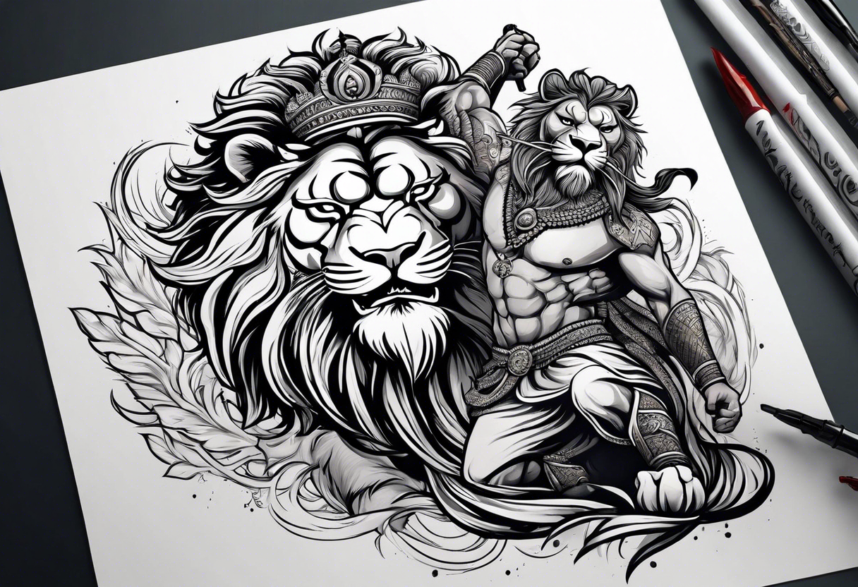 Sikh warrior fighting a lion with full anger tattoo idea | TattoosAI