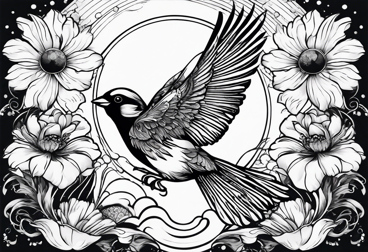 mens neck sleeve sparrow, om symbol, cosmos, iris, daisy, sun rays clouds tattoo idea