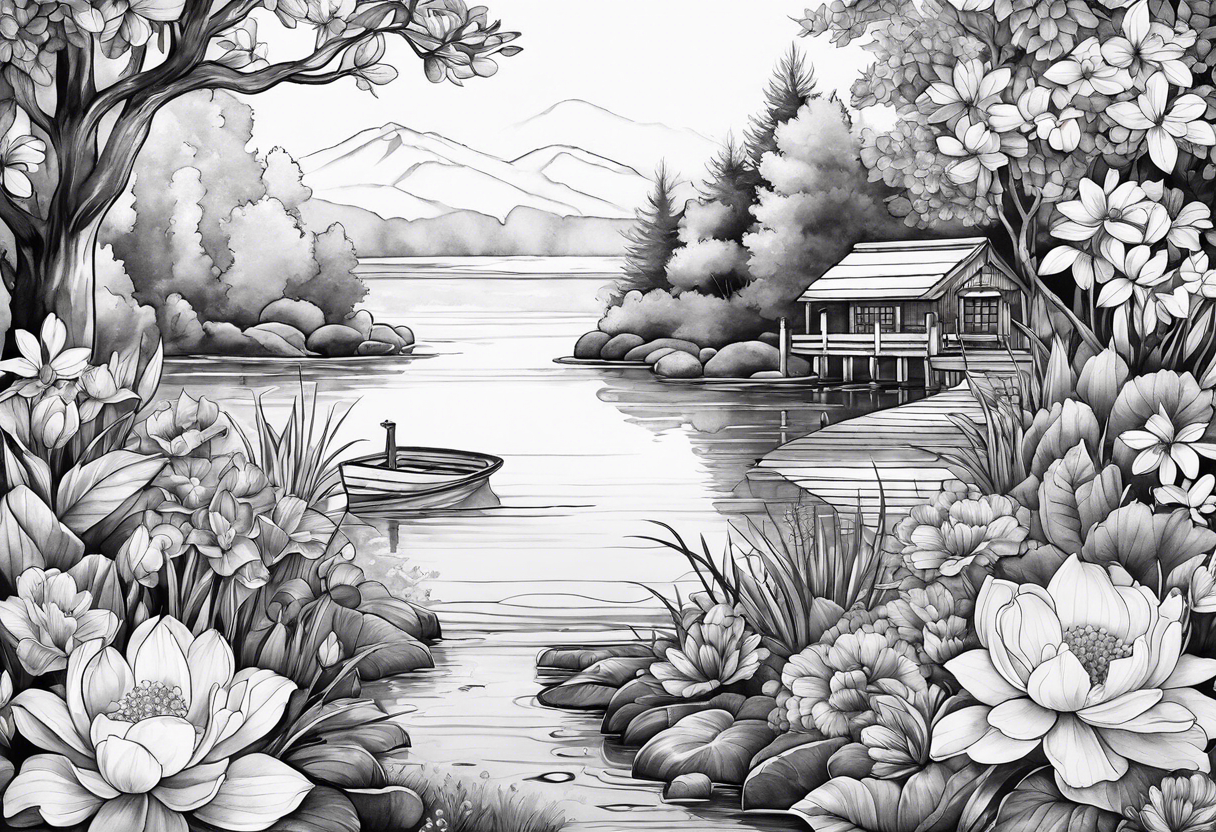 Hidden garden, flowers, lake tattoo idea