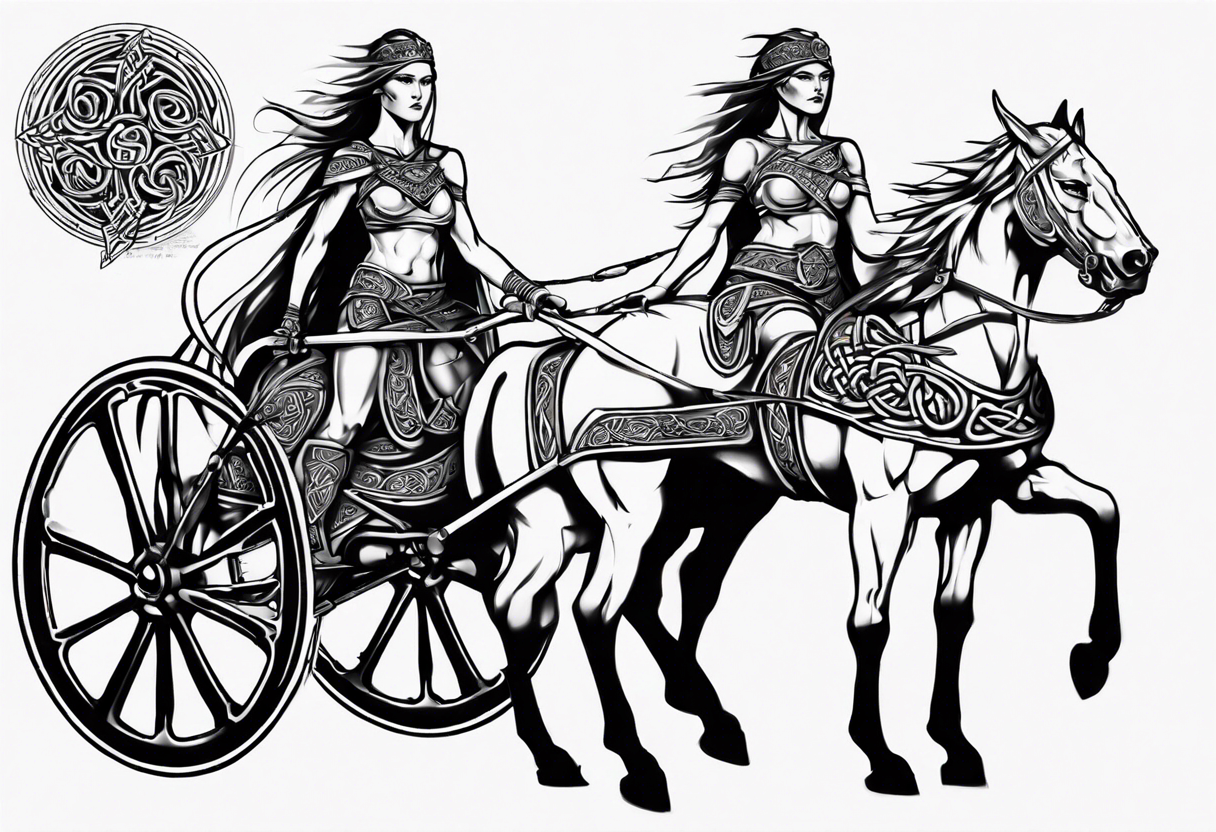 Celtic style female warrior in front on chariot tattoo idea