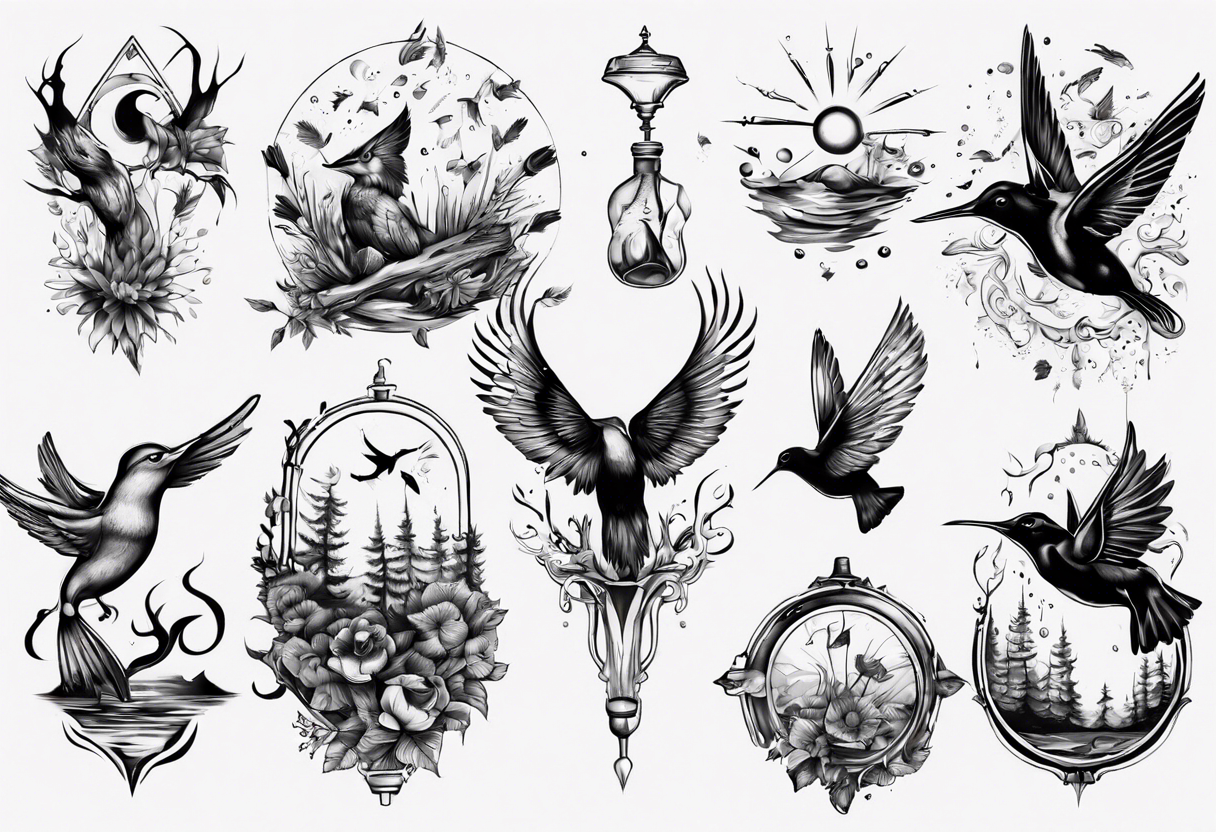 Wasser, Nymphe, Fisch, Hirsch, Wald, Waffe, Sonne, Kolibri tattoo idea