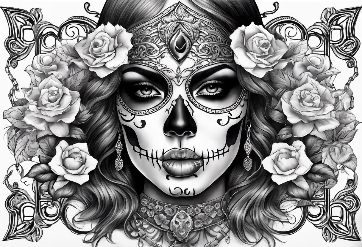 Draw me a Lady like skull with smoke out of his mouth add some flowers underneath with some ornamentals and Chains under it tattoo idea