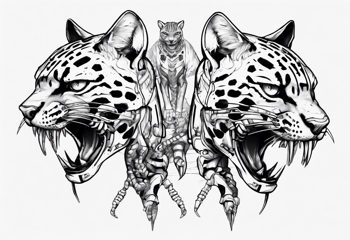 cybernetic ocelot full body teeth showing tattoo idea