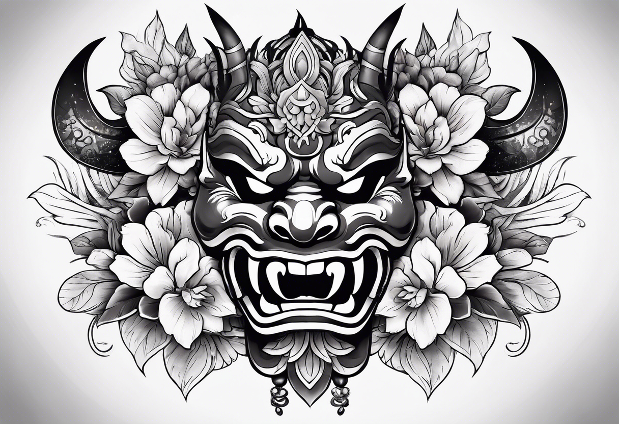 oni mask with flower petals around it tattoo idea