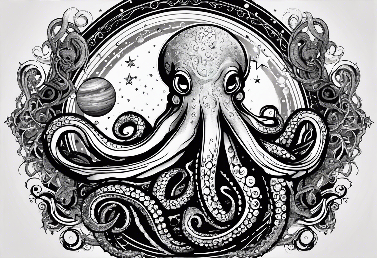 An octopus blended with celestial elements, such as stars and planets integrated into its tentacles. This can symbolize the octopus's reach and influence, connecting it to a broader universe. tattoo idea