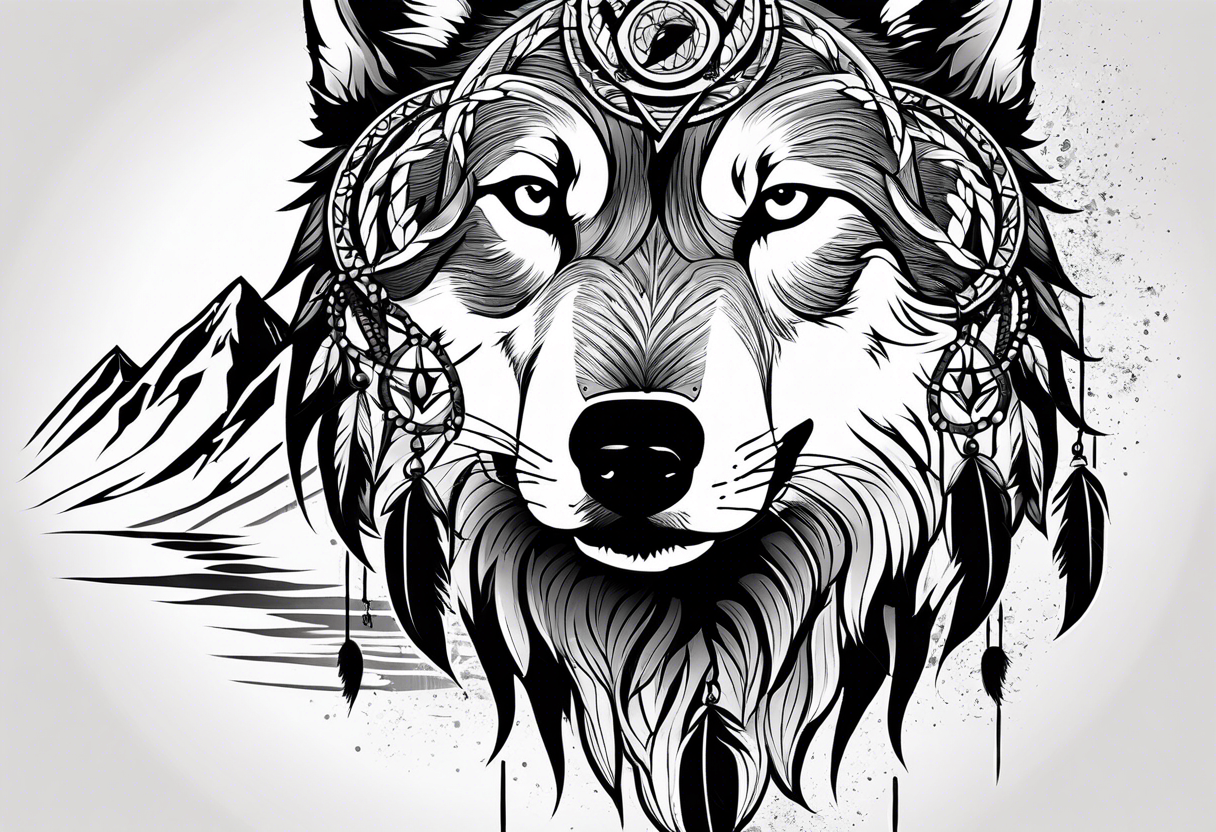 Wolf head in front of snowy mountains howling at a moon that is in a dream catcher tattoo idea