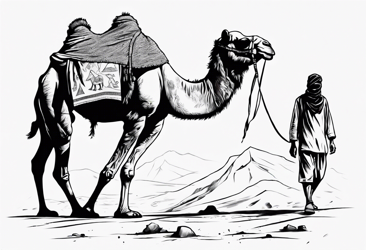 Feature a man walking alongside his camel, both resilient against the harsh environment, the man covering his face with a long cloth for protection. tattoo idea