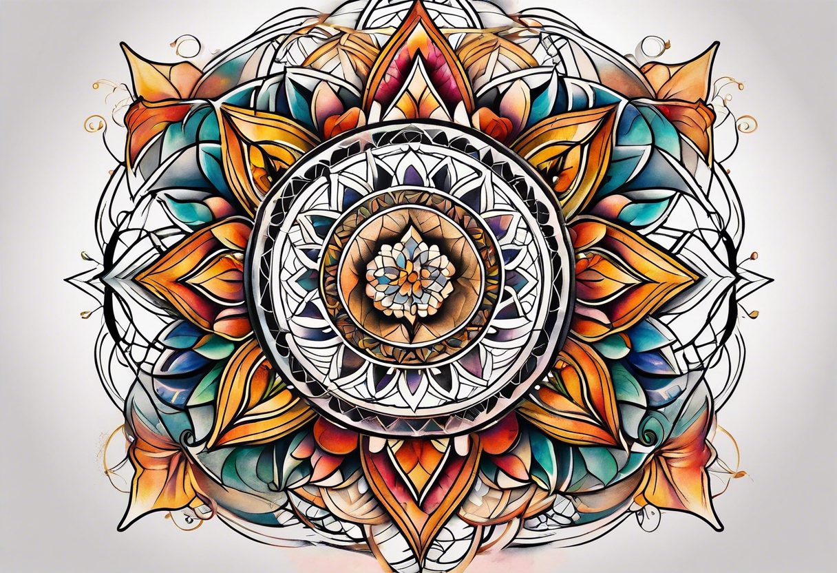 front knee tattoo with sacred geometry, swirls & washes, background and in fall colors tattoo idea