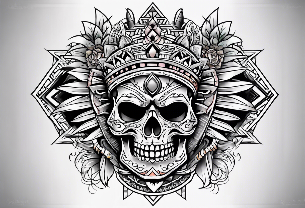 Old school knee tattoo with skulls and mayan symbols tattoo idea