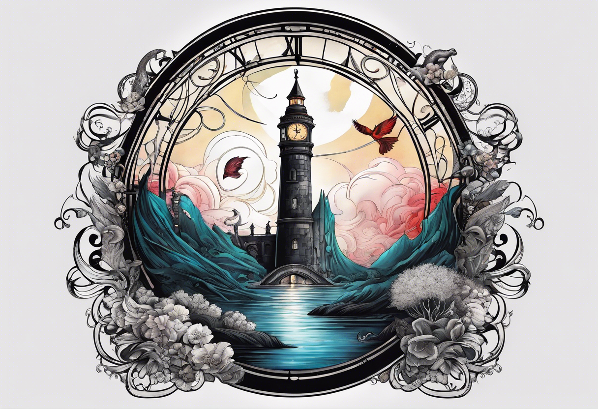 Cohesive sleeve with elements from 1984, a series of unfortunate events, tattoo idea