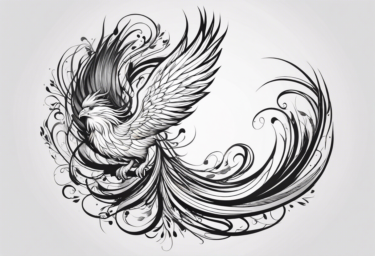 minimalist pheonix with long tail curling and feathers coming off tail tattoo idea