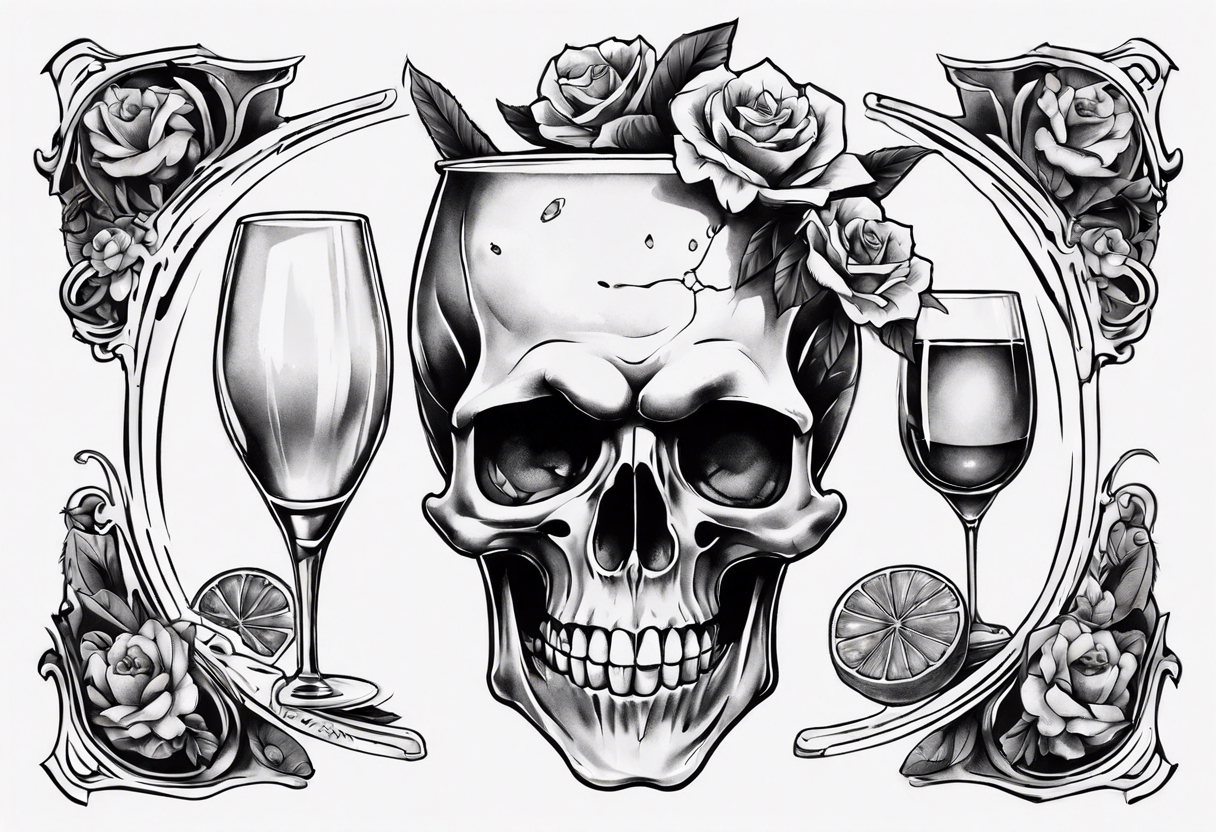 A happy, looking to the left scull inside the glass with alcohol and piece of lime tattoo idea