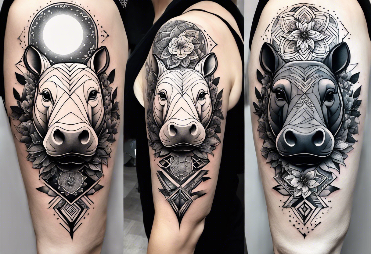 Very asymmetrical, +geometric pattern, with realistic full moon, with hippo at side look, +tribal, +geometric, +inkart , +blackwork, +grey scale, + sketch
with wintersweet flower bud, +inkart touch, tattoo idea