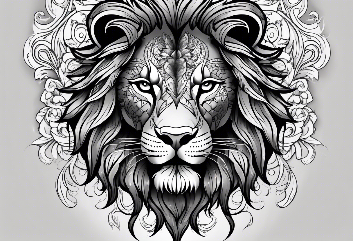 Half lion face ornate black and grey tattoo idea