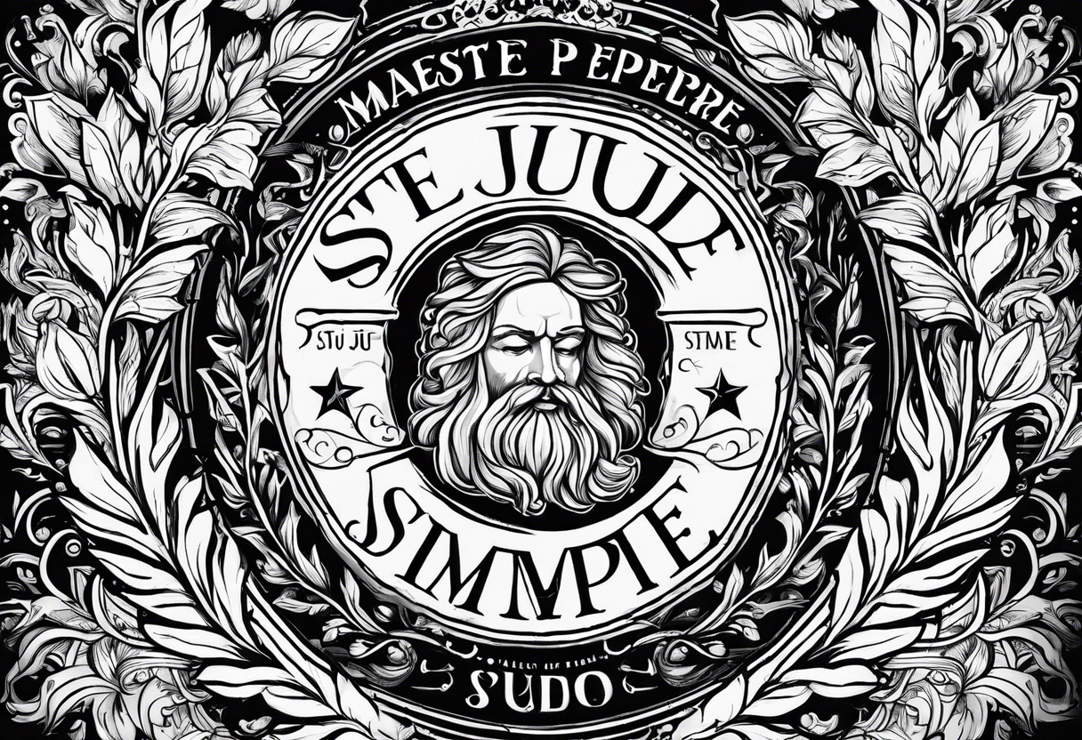 the phrase "sempre per sempre" surrounded by a laurel wreath with classic design and st. jude image tattoo idea