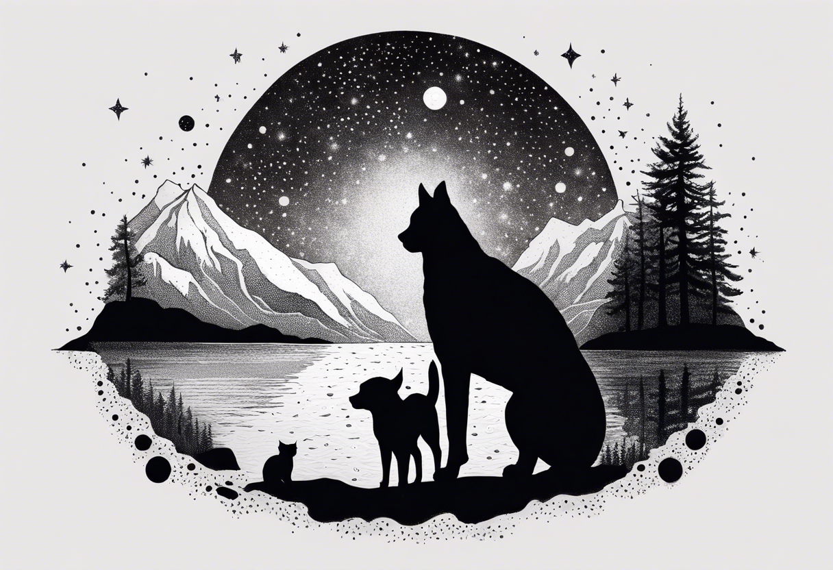 a night sky with leo and cancer constellation, mountains, a father and son with his dog and cat sitting by the water tattoo idea