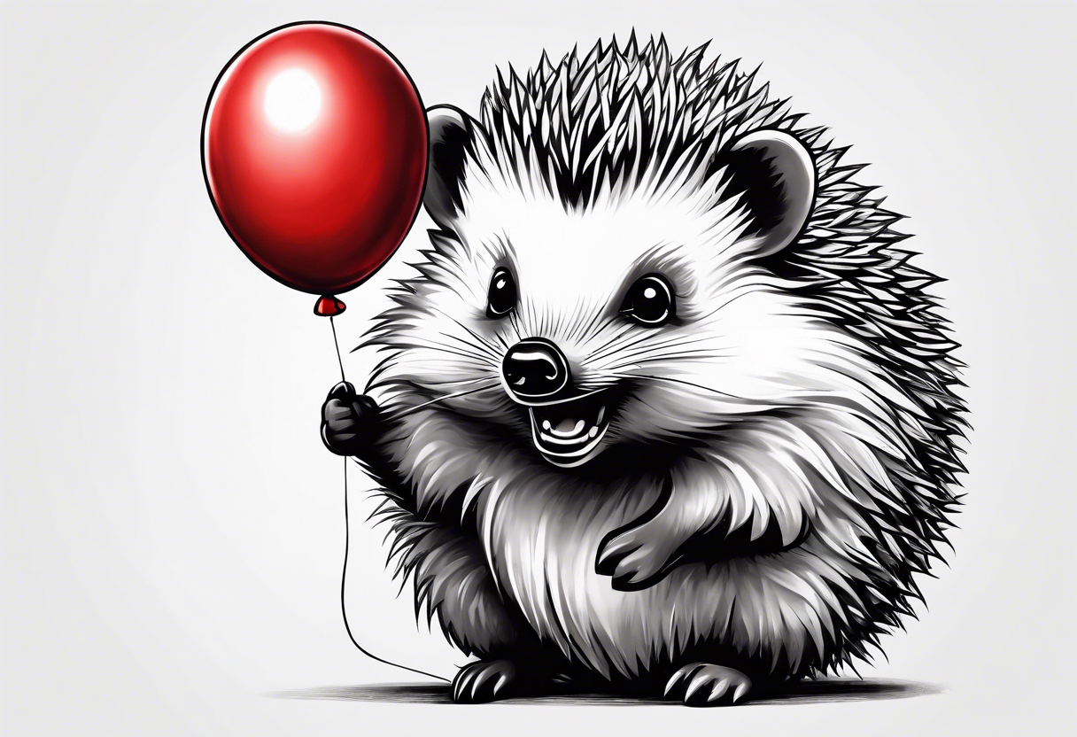 small hedgehog with a red balloon. A big grizzly screaming and he leans over the hedgehog. tattoo idea