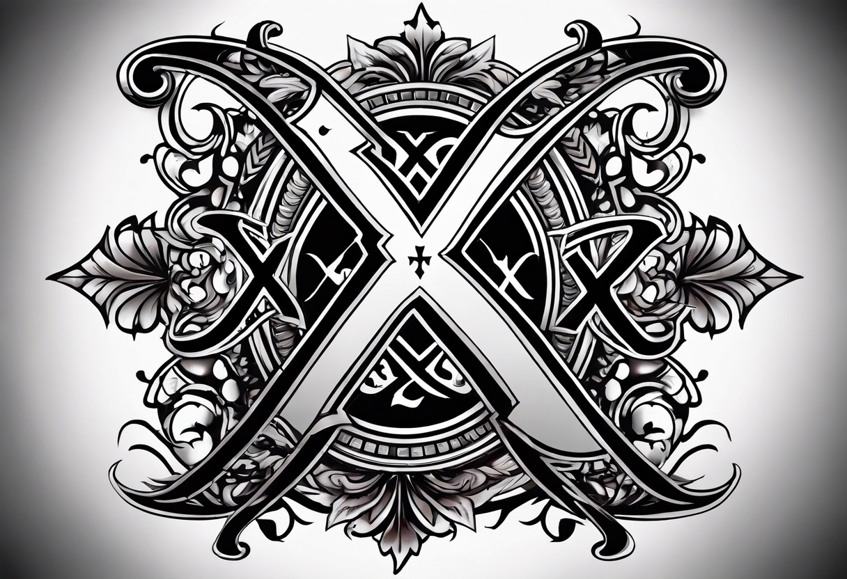 I need a tattoo design that prominently features the letters X and I while incorporating dark gothic 
elements. tattoo idea