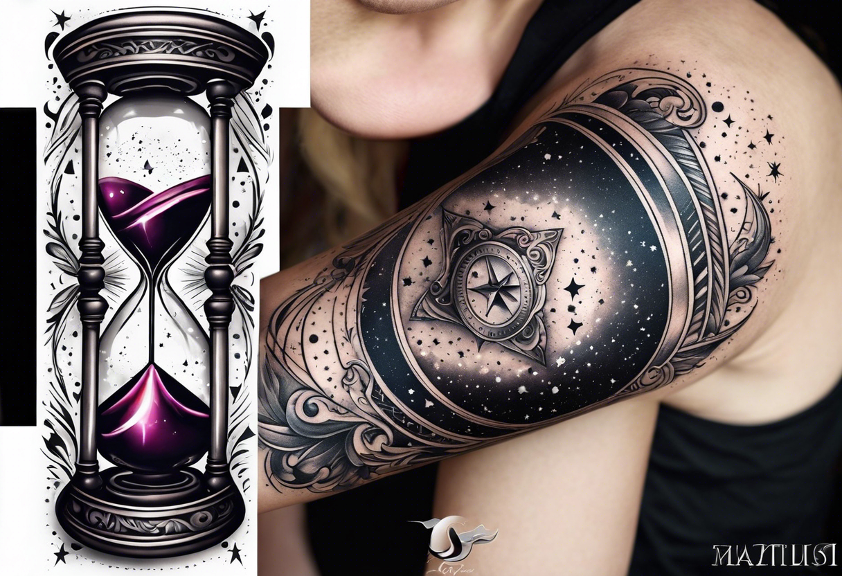 Hourglass with star stuff and cosmic dust exploding from the top and bottom of the hourglass. Long tattoo to fit on the forearm, mascuine tattoo idea