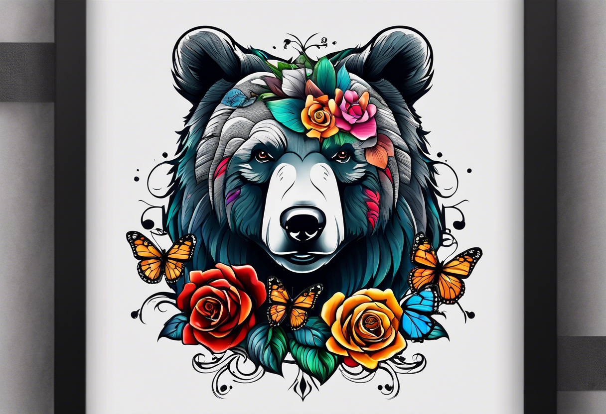 Bear under the tree of life with multiple colored roses and three butterflies for an upper arm tattoo. tattoo idea