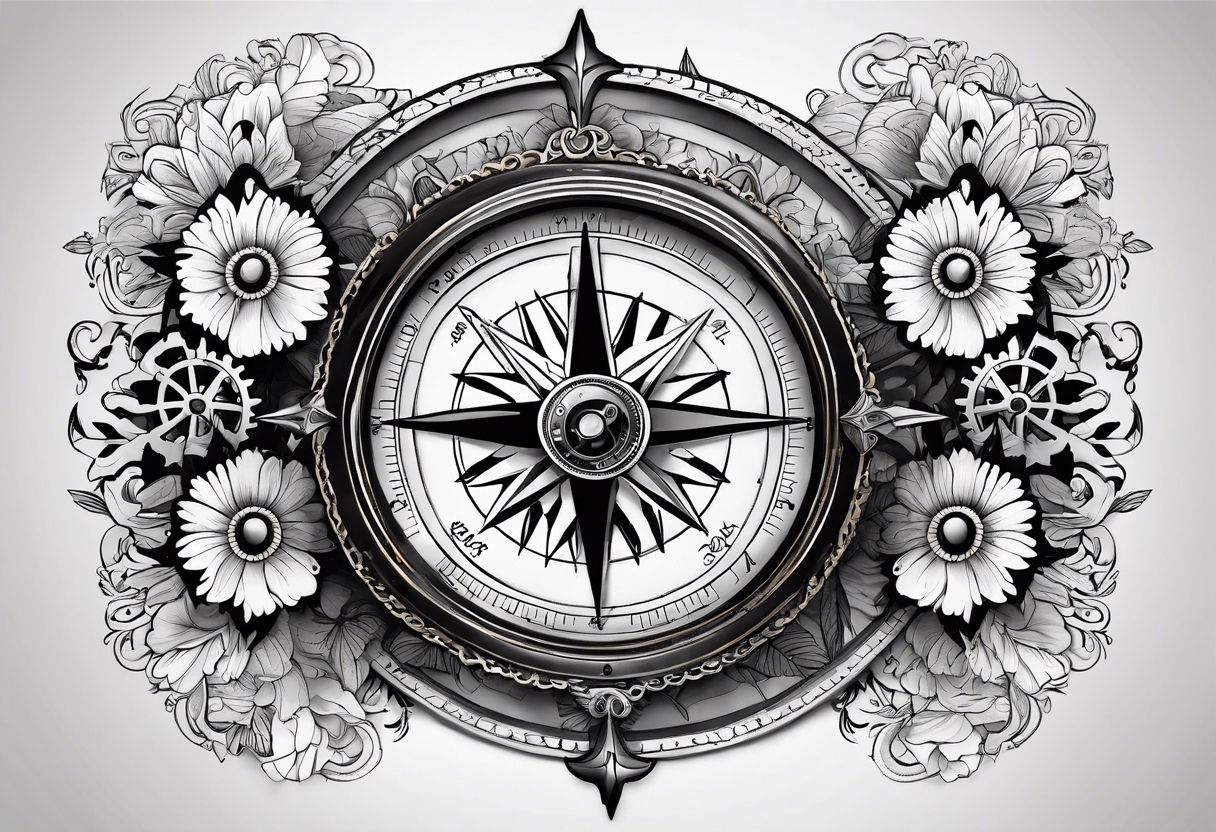 A Vintage compass with gears and marigold flower behind it. tattoo idea