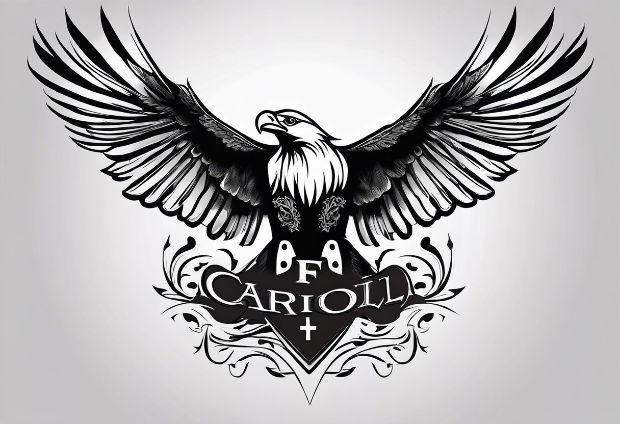 A tattoo that states catholic religion, pain and discipline to achieve your goals in life. it should be placed on the upper back. symbol of an eagle, fish, pigeon tattoo idea