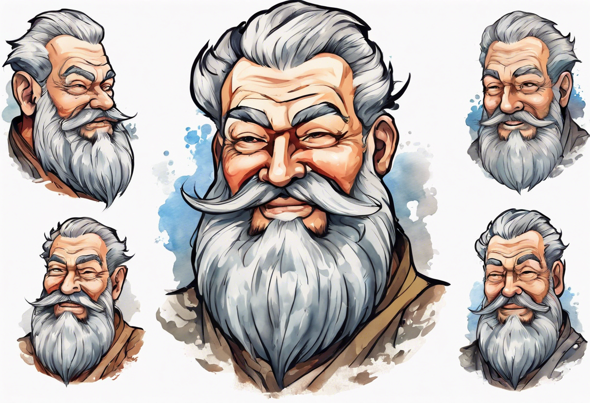 a large Bavarian man with a grey beard, winking tattoo idea