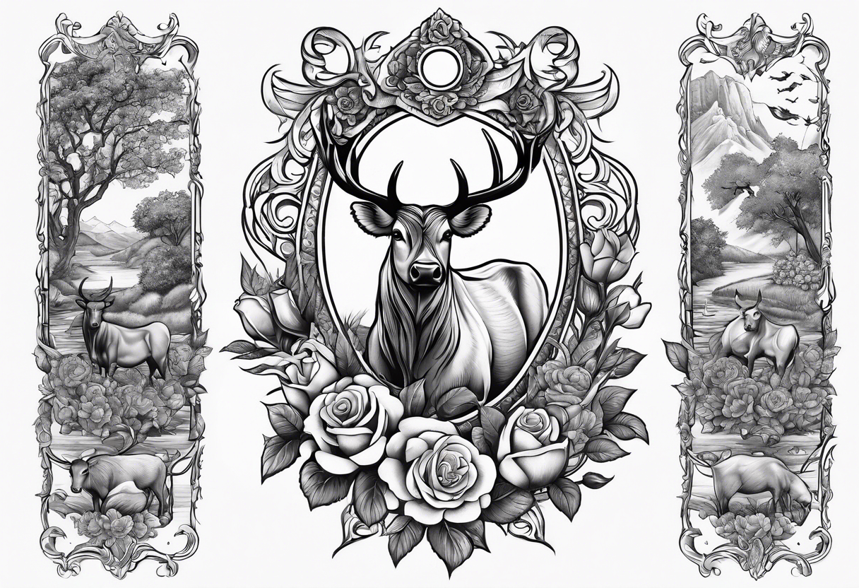 Tattoo thigh peice with Roses and flowers With nursing and hunting and cows and bulls and fishing and love and church. tattoo idea