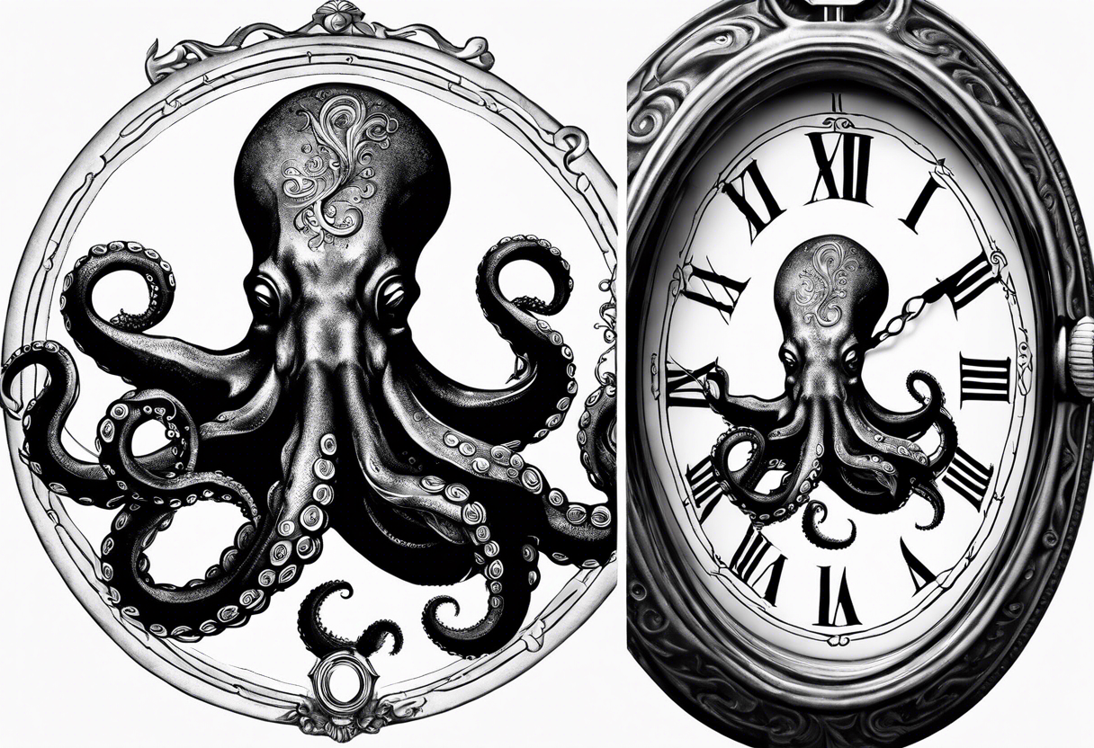 Octopus over an old pocket watch with his tentacles, in a natural pose tattoo idea
