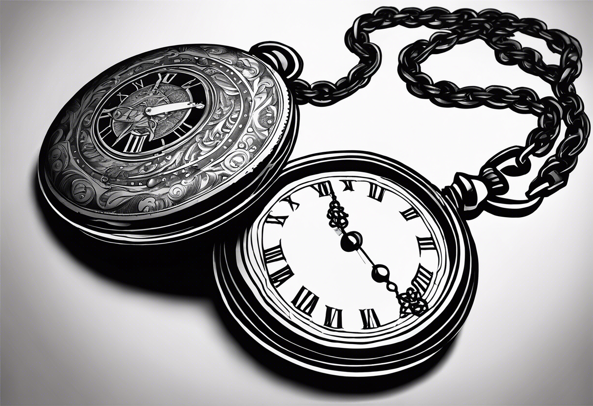 An old pocket watch with Chain and Roman numerals showing the time seven minutes past half two. The lid of the watch must have the zodiac sign Aries engraved on it tattoo idea