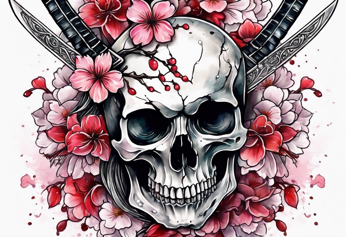Bloody sword in a skull cherry blossom growing tattoo idea