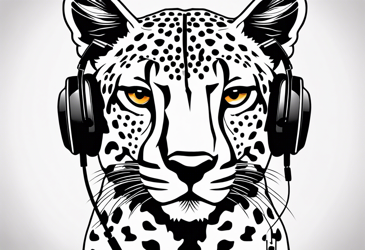 A minimalist tattoo of a cheetah head wearing headphones, showcasing your interest in music and the beauty of cheetahs tattoo idea