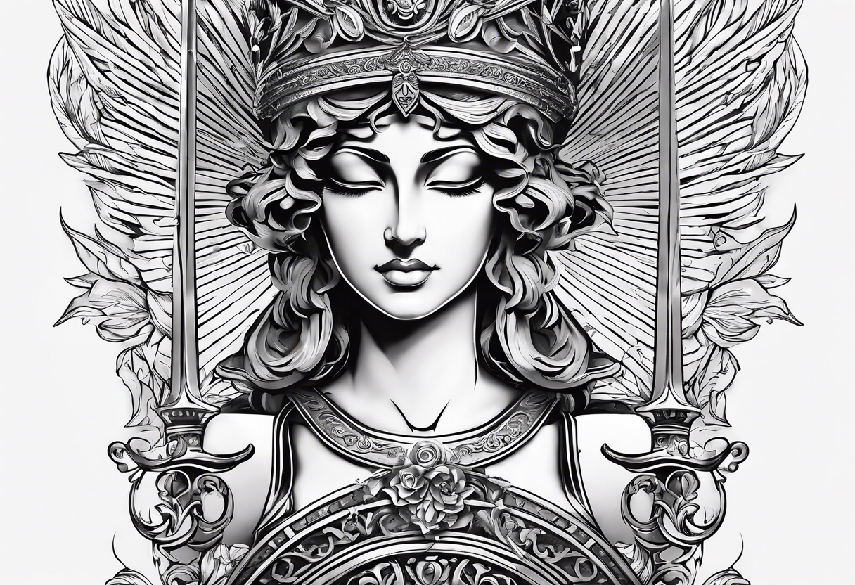 Themis (Greek Goddess of Justice), cutting her eyes with her sword. It is necessary to convey an atmosphere of greed and power. tattoo idea