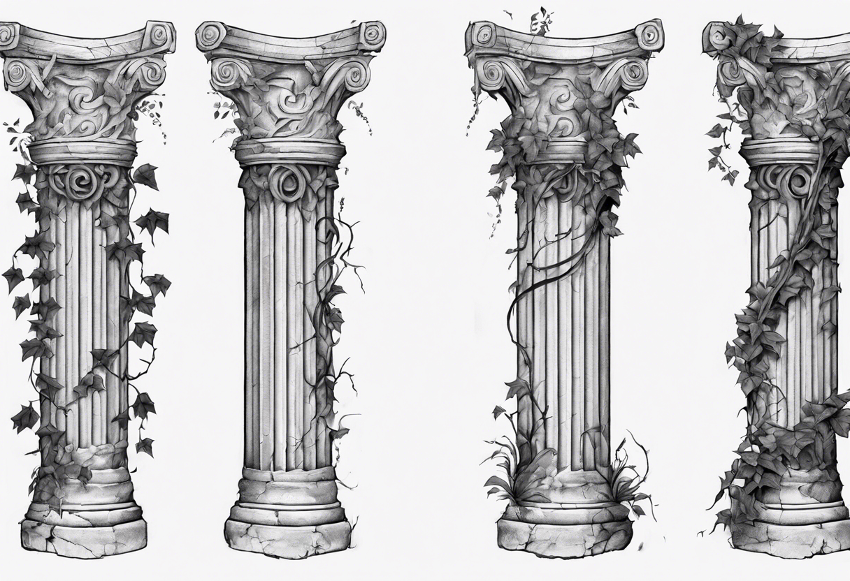 Half of a roman pillar in the Ionian style with the word "OMNIA" inscribed on the top. It has cracks in the middle and overgrown ivy at the bottom. It is turned 20 degrees to the right. tattoo idea