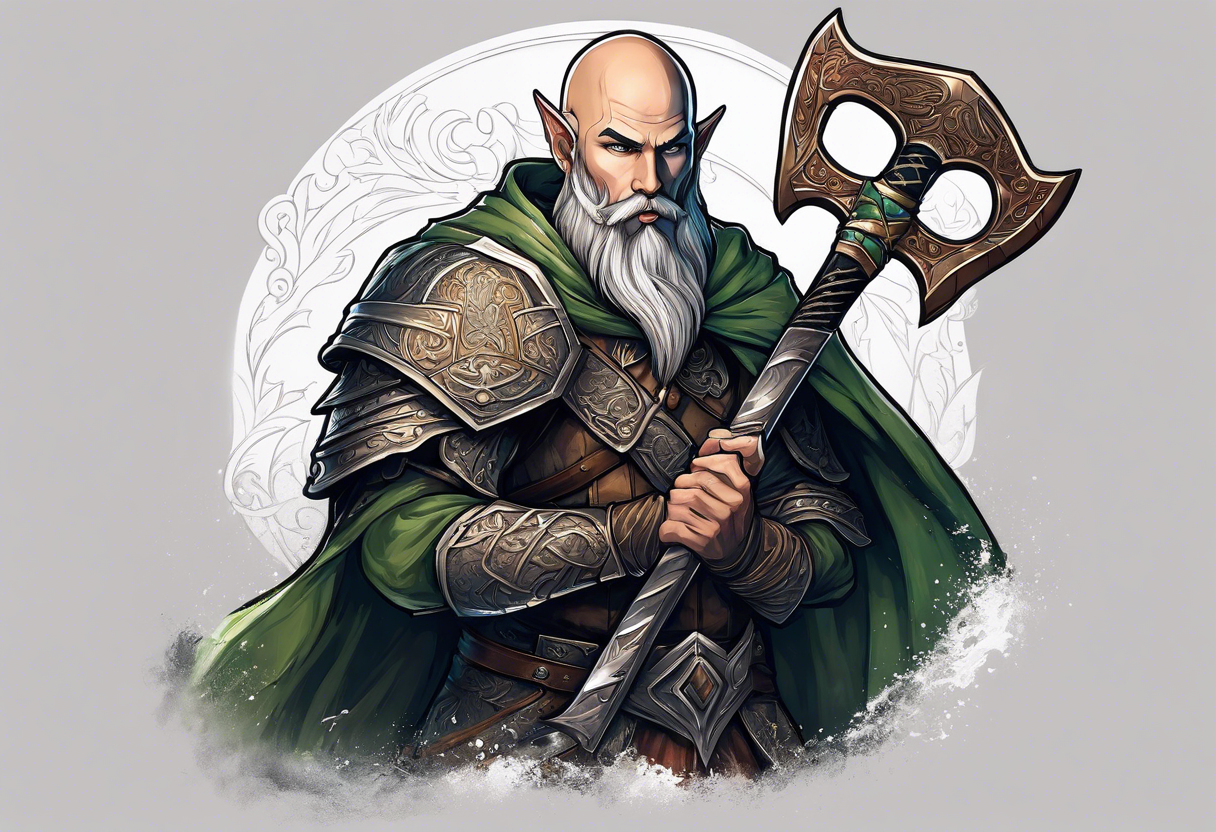 a full-body picture of a 30-year-old, human elf, bearded bald male, paladin, holding a battle axe, tattoo idea