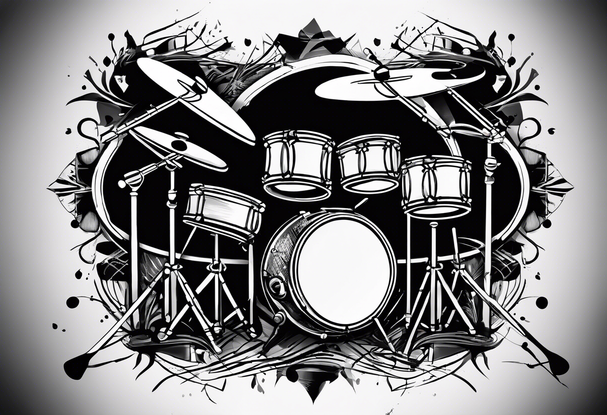 Stylized drums with sticks crossing over them, and a burst effect in the background to represent the energy of playing. tattoo idea