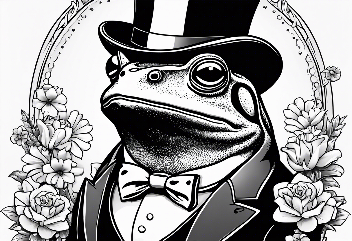 Cute Frog standing upright  in a top hat holding flowers to go on a date tattoo idea