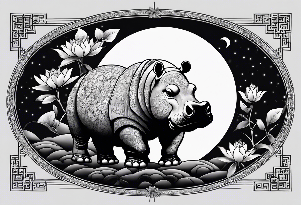 Very asymmetrical, +geometric pattern, with realistic full moon, with seeious looking hippo, +zen feel, + Buddhism touch,
with wintersweet flower bud, +portrait orientation, +inkart touch, tattoo idea