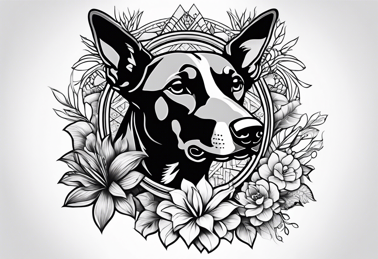 tropical and floral tattoo with doberman intertwined. full arm sleeve tattoo idea