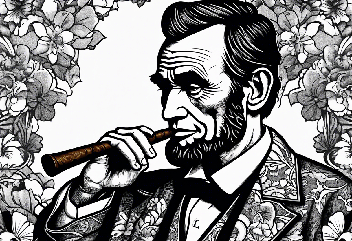 Abraham Lincoln smoking a cigar  in a flowered suit jacket doing karate poses like karate kid tattoo idea