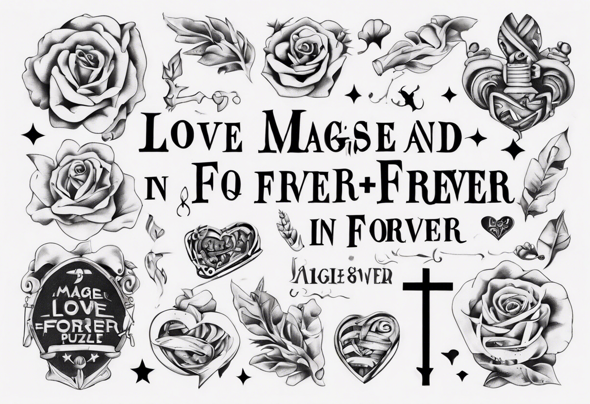 The words Maggie and Lucas and Love and Forever in a crossword puzzle tattoo idea