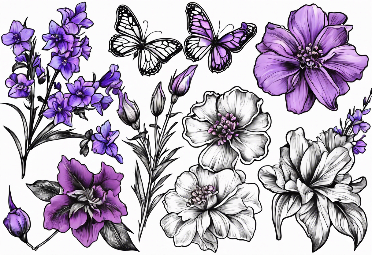 larkspur with stem, carnation with stem, violet, with stem, daisy with stem and tied together with a bow tattoo idea