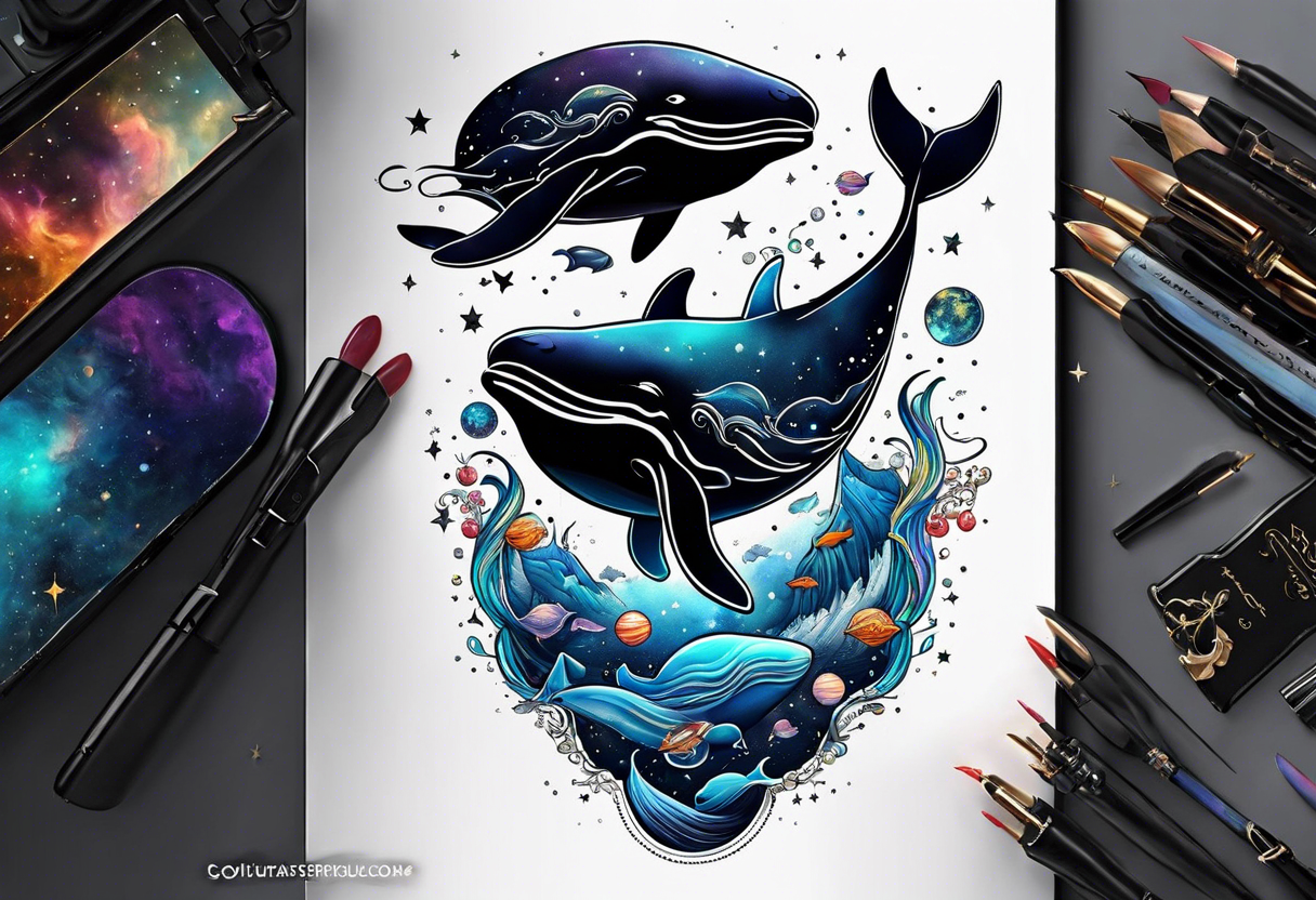 whales in outer space tattoo idea